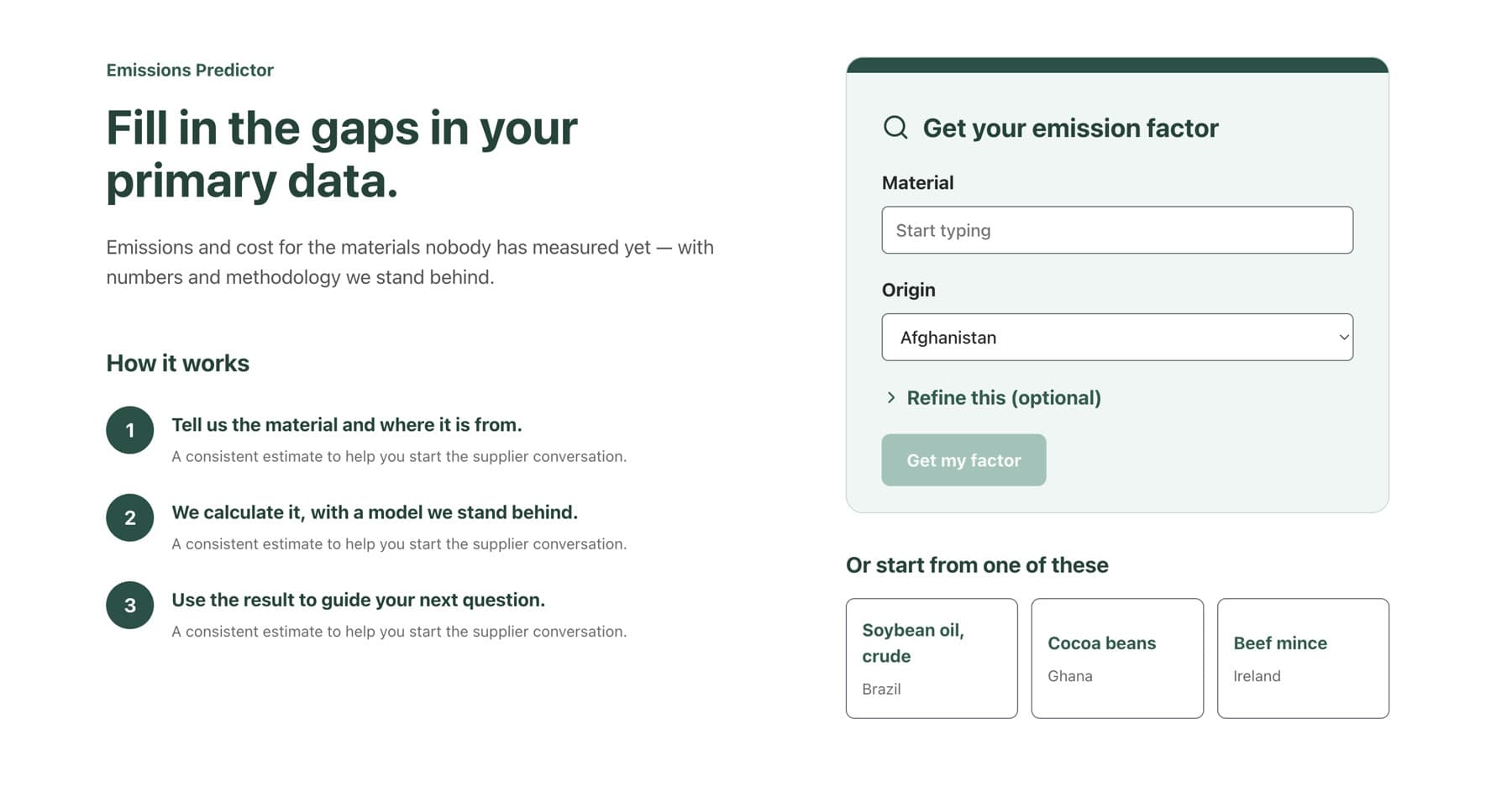 Emissions predictor: enter a material and its origin to get an emission factor